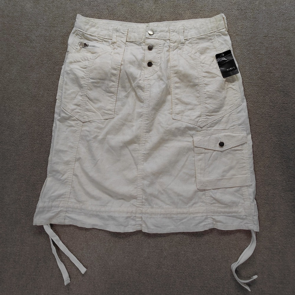 VTG New Mixit Midi Buttom‎ Fly Skirt Womens Sz 10 Cream Linen Cotton Blend Cargo